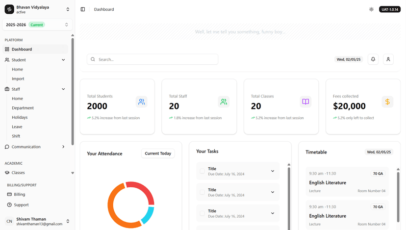 Eduflask school management dashboard with attendance, fees, and reports